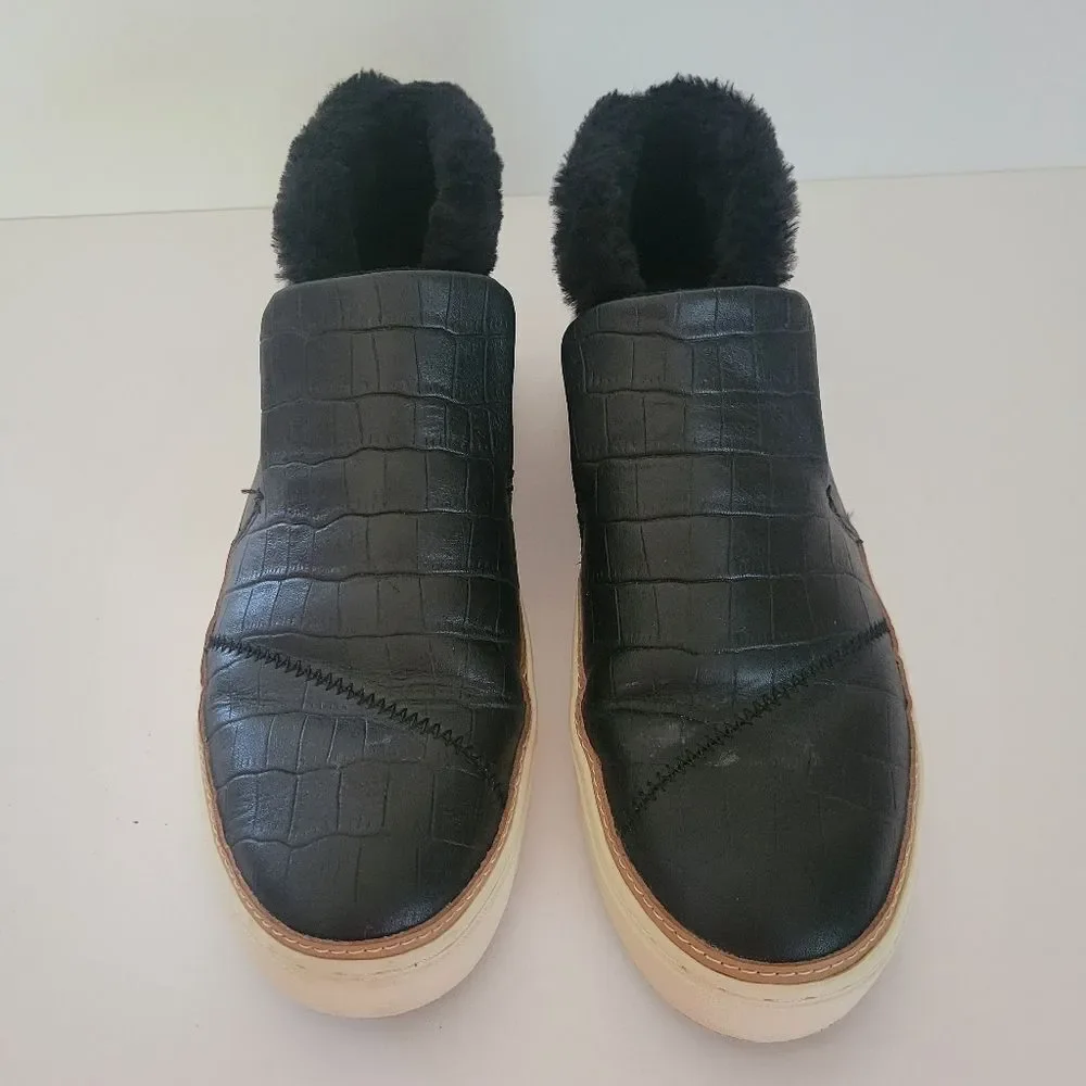 TOMS Paxton Black Croc Embossed Leather Faux Fur Lined Slip-on Sneakers
